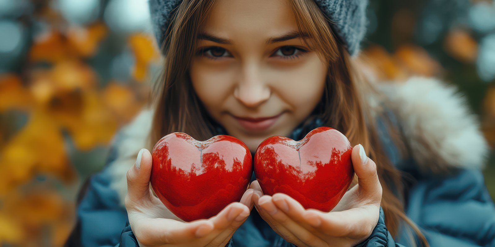 Young woman holds two heart-shaped apples in a colorful autumn setting, showcasing joy and love for nature and seasonal harvest